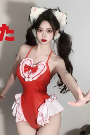 PU lingerie mini dress in red satin with frilled white hem