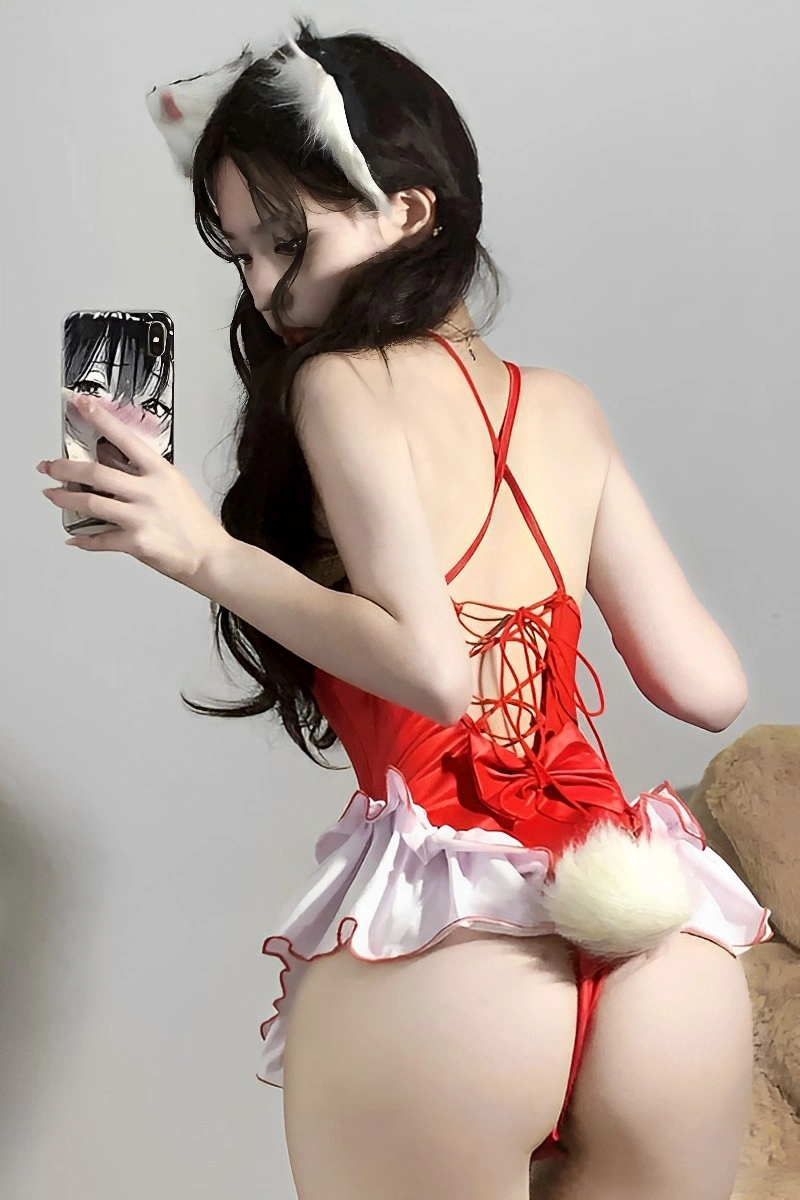 Red PU lingerie mini dress featuring lace-up back and fluffy tail