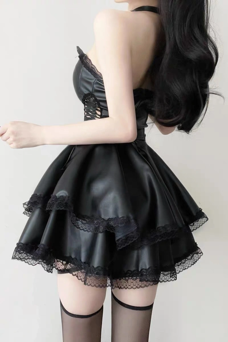 Sexy PU lingerie skirt set in black with lace details and halter straps