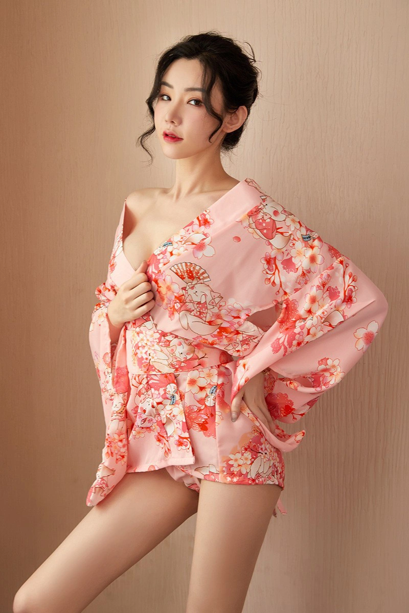 Alt text:Elegant pink floral kimono wrap nightdress with deep neckline
