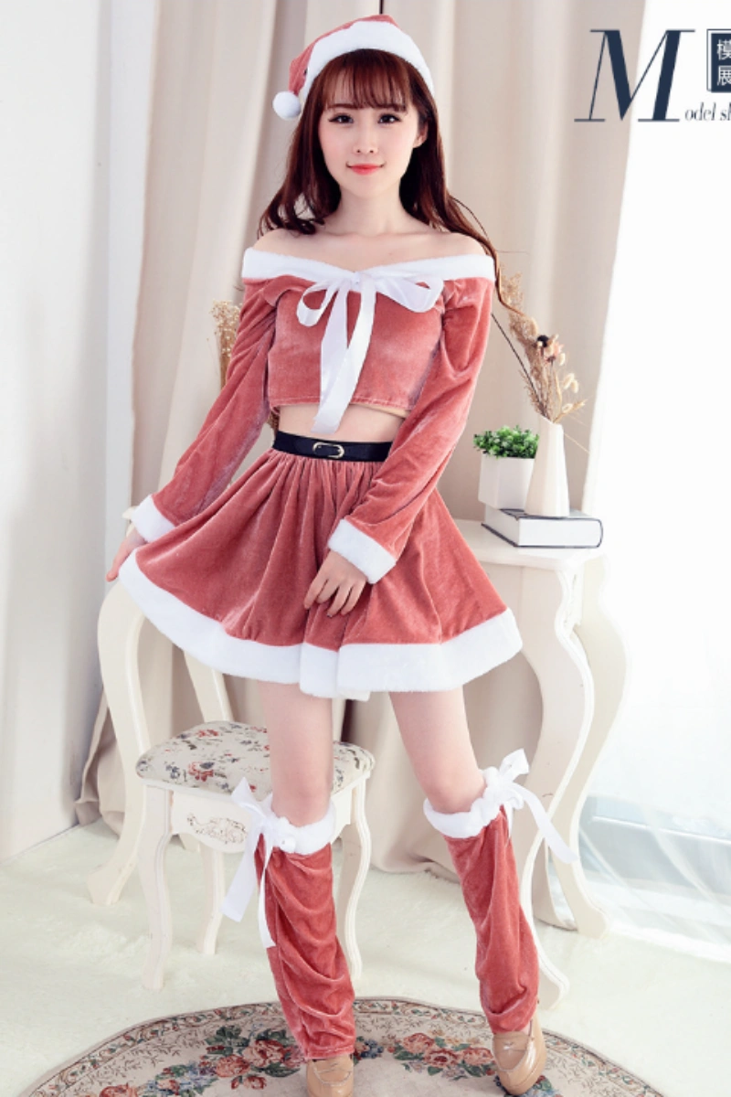Alt Text:Pink santa cosplay lingerie featuring off-shoulder top, mini skirt, and festive bow