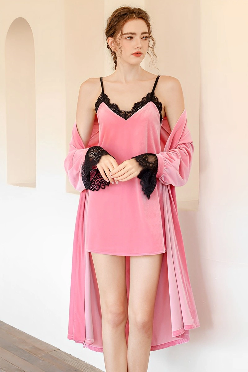 Alt Text：Pink custom Sexy Satin Nightgown set with robe and lace trim