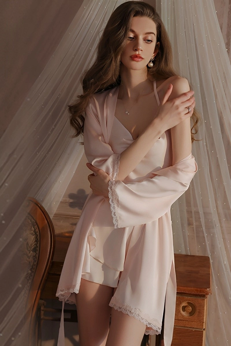 Pink oem Long Sexy Nightgown with flowing satin romper and lace sleeve robe