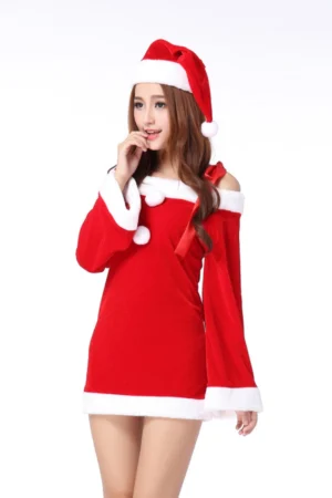 Playful red velvet Christmas lingerie set with white trim and ribbon shoulder ties