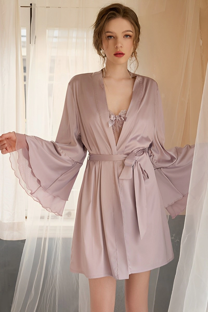 Alt Text:Private Label Sexy Satin Nightgown with lace trim in light purple