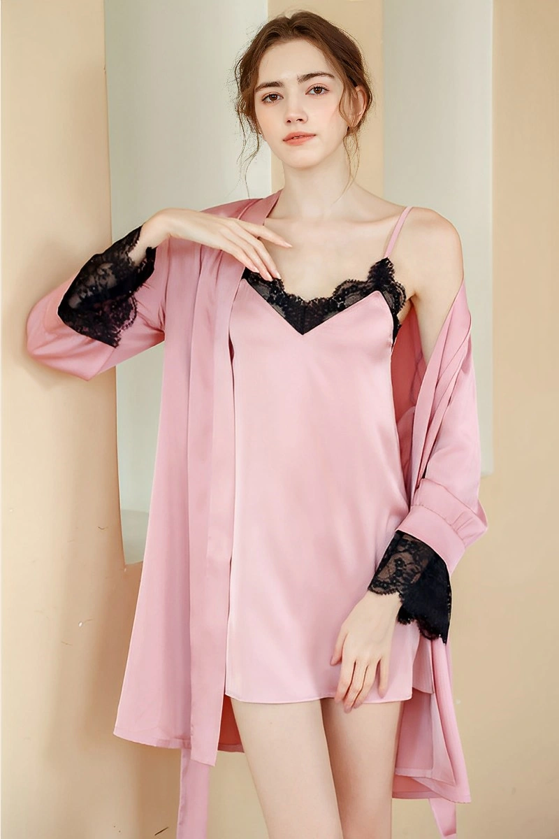 Alt Text: Private Label Sexy Satin Nightgown in blush pink satin with black lace neckline, paired with matching robe