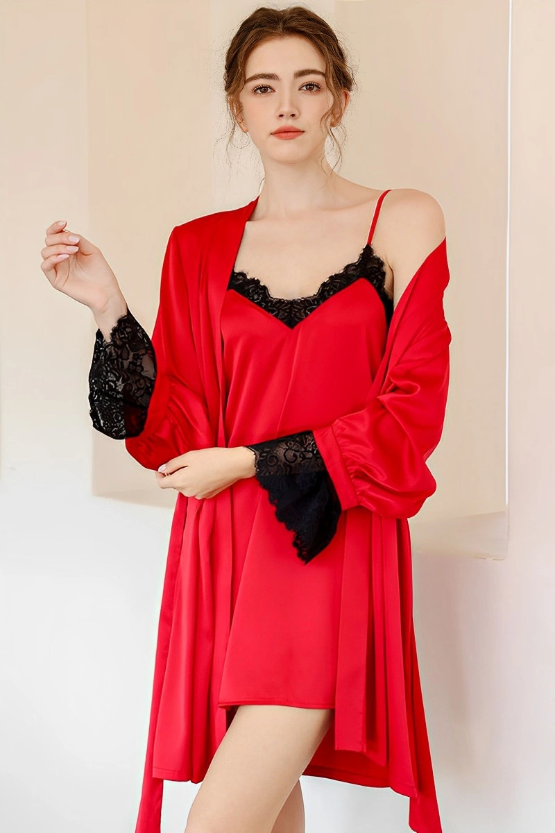 Alt Text: Private Label Sexy Satin Nightgown in bold red satin with black lace trim, styled with matching robe