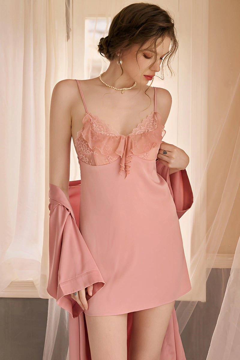 Alt Text:Private Label Sexy Satin Nightgown with lace bodice in soft pink