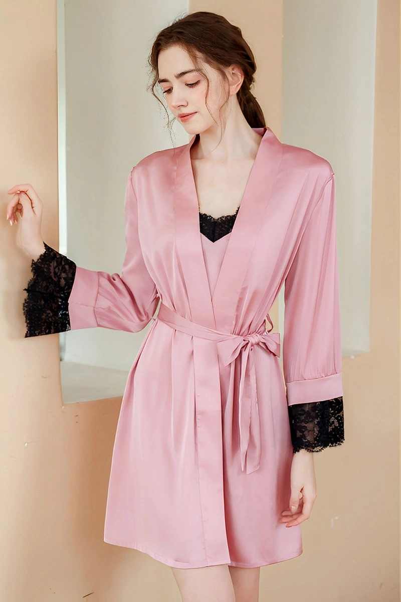 Alt Text: Private Label Sexy Satin Nightgown in blush pink satin with black lace cuffs, tied robe front view