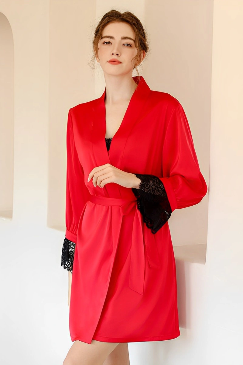 Alt Text: Private Label Sexy Satin Nightgown in red satin with black lace cuffs, front belted robe view