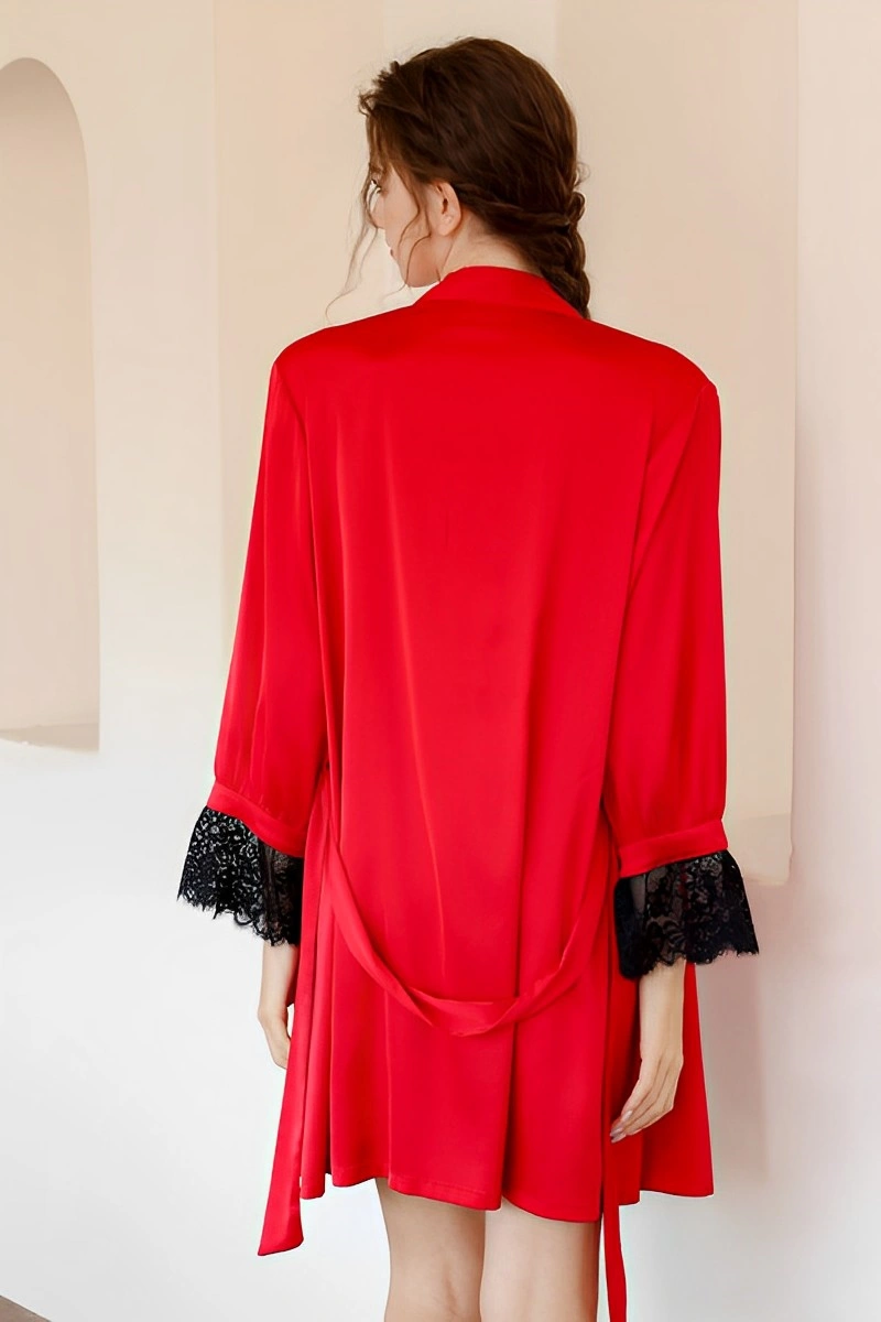 Alt Text: Private Label Sexy Satin Nightgown in vibrant red satin with black lace cuffs, back view