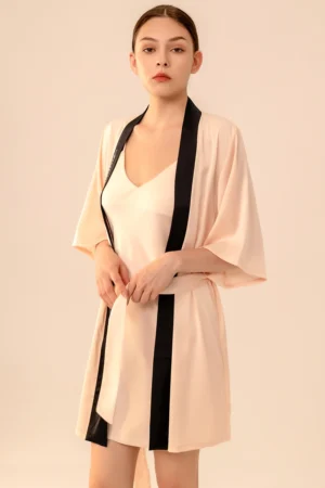 Alt Text： private label Silk Sexy Nightgown in beige silk with black trim and matching belt