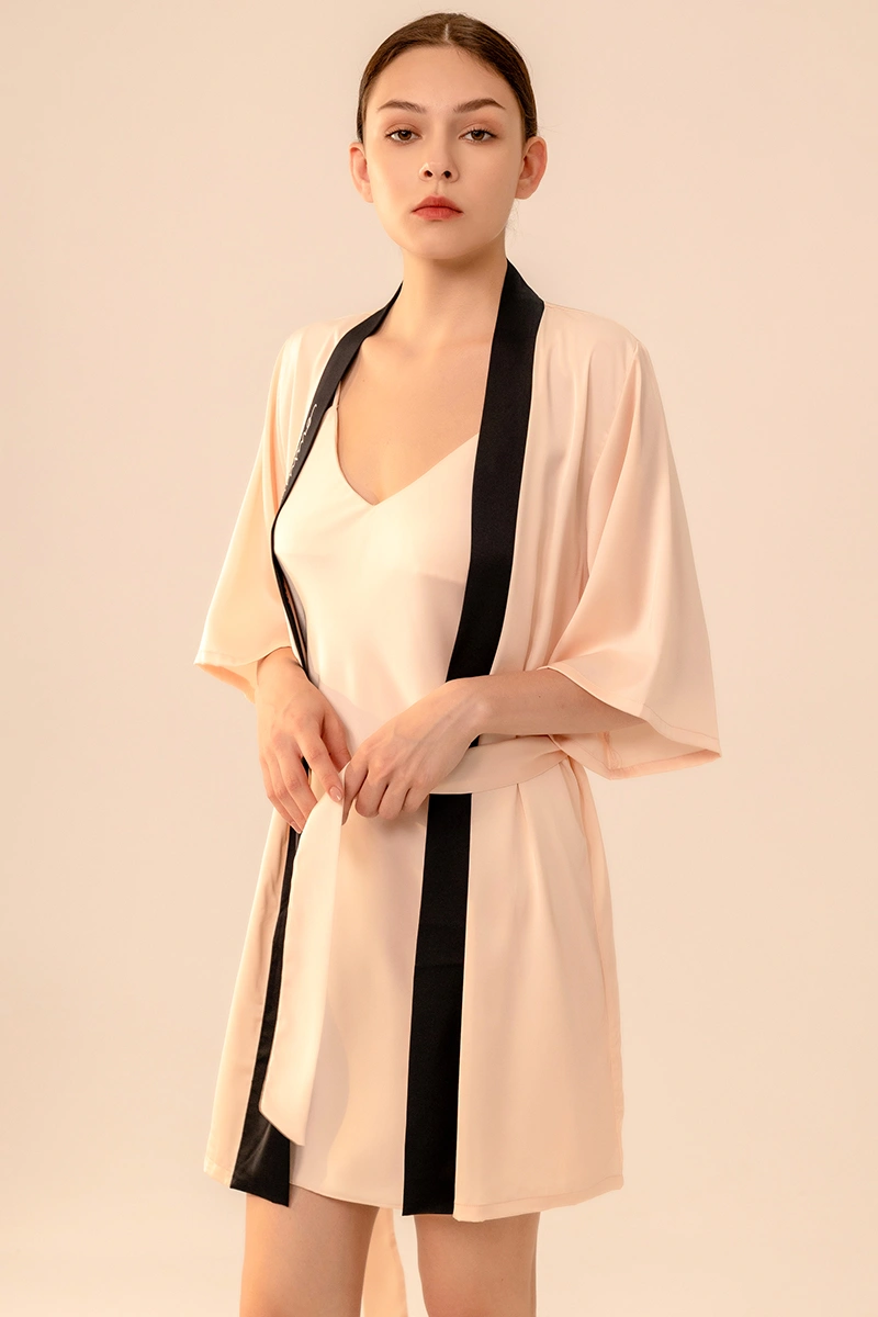 Alt Text: private label Silk Sexy Nightgown in beige silk with black trim and matching belt