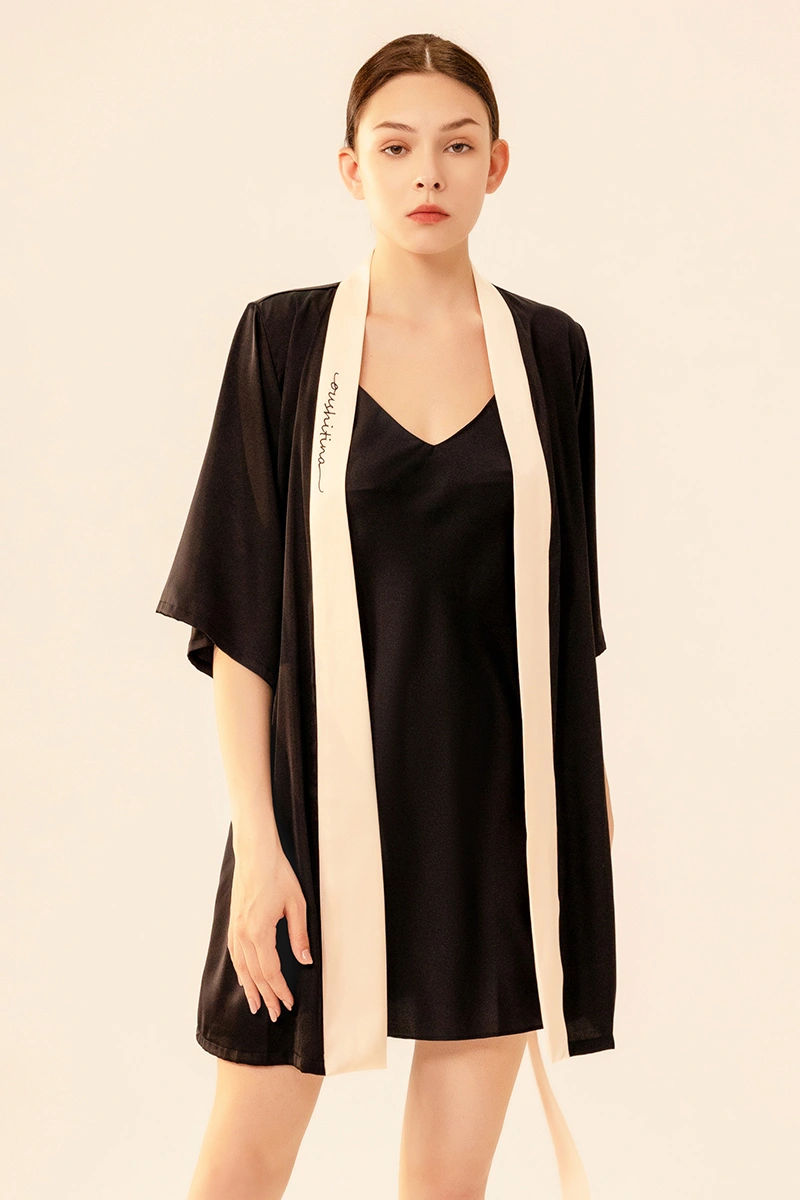 Alt Text: private label Silk Sexy Nightgown in black silk with beige trim and V-neck design