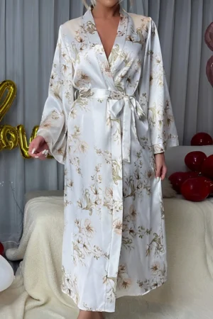 Private label White Sexy Nightgown in satin with elegant floral print, front view