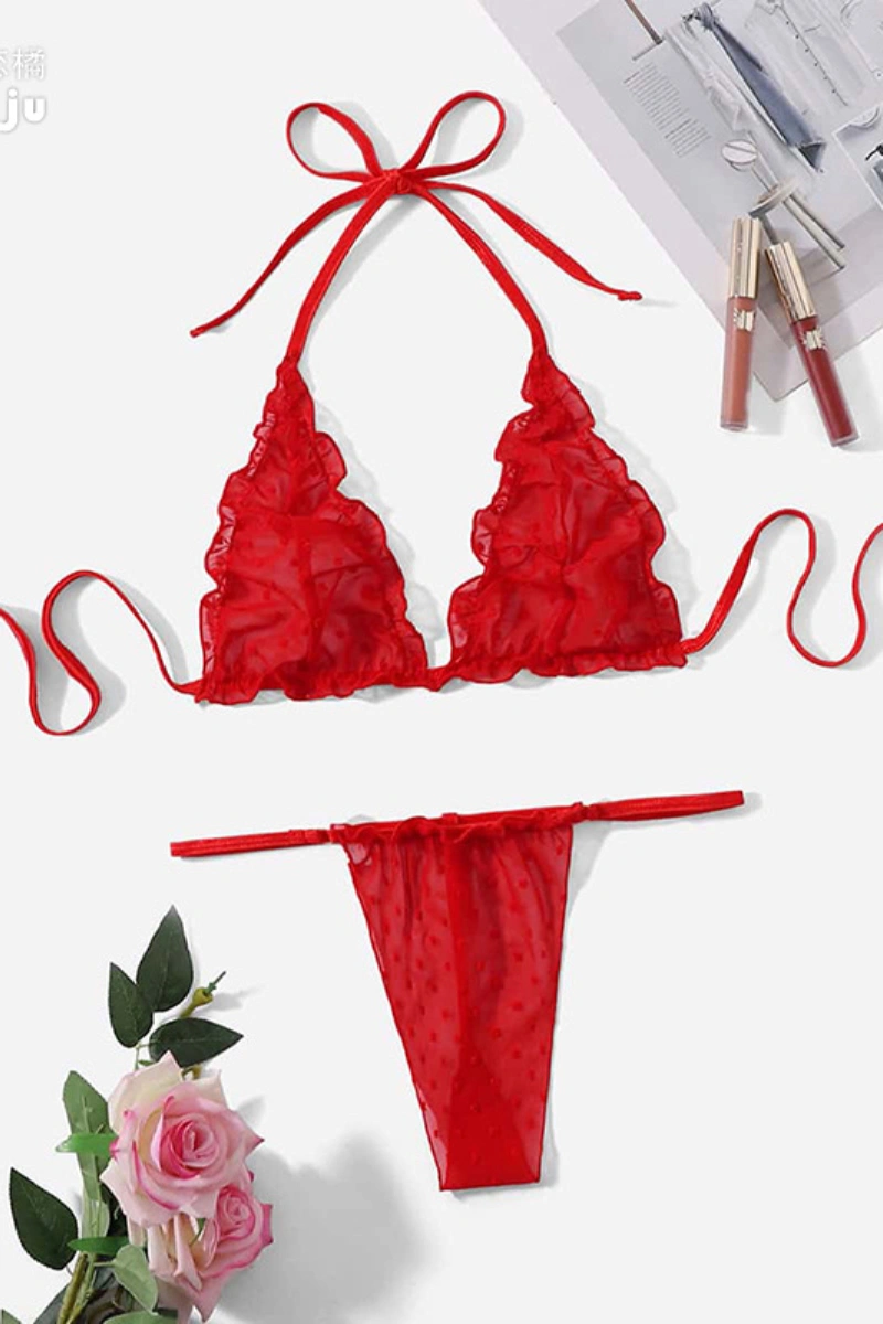 Classic red christmas lace pajamas, featuring ruffle triangle bra and thong.
