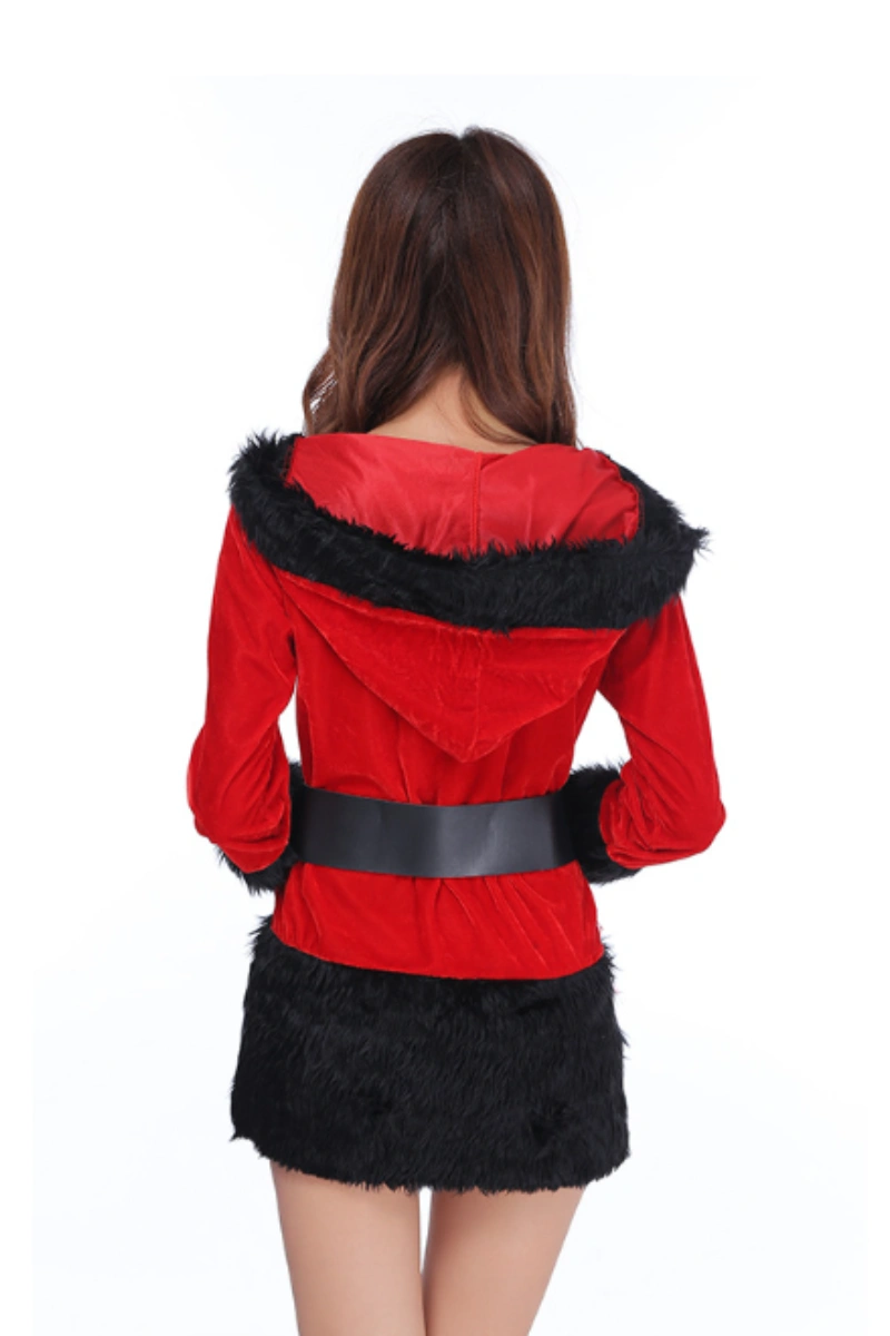 Alt Text: Red Christmas Lingerie featuring black faux fur trim and a hood