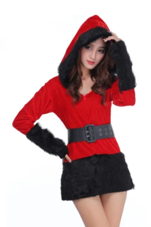 Alt Text： Red Christmas Lingerie with hood and black faux fur cuffs