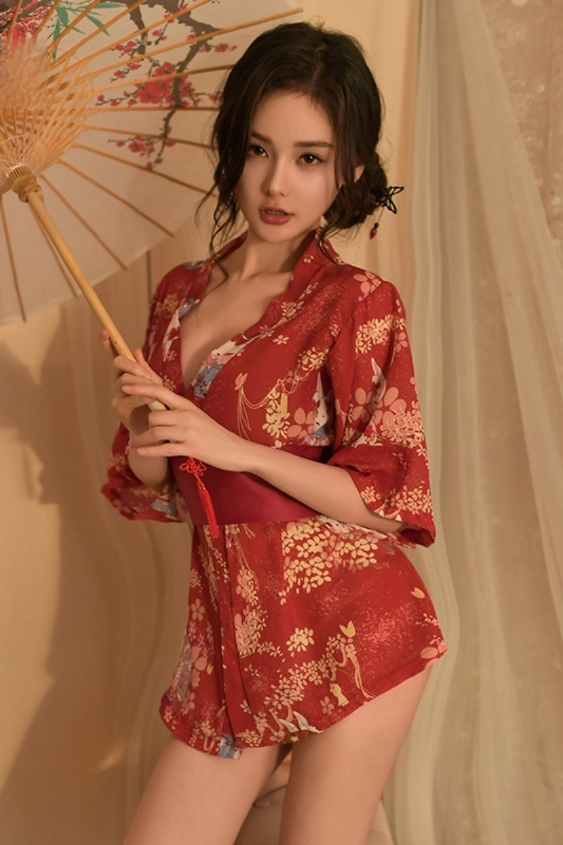 Model wearing red floral sexy kimono lingerie with wide sleeves