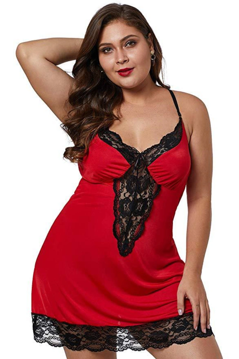 Alt Text: Seductive red leopard print babydoll with lace trim and V neckline