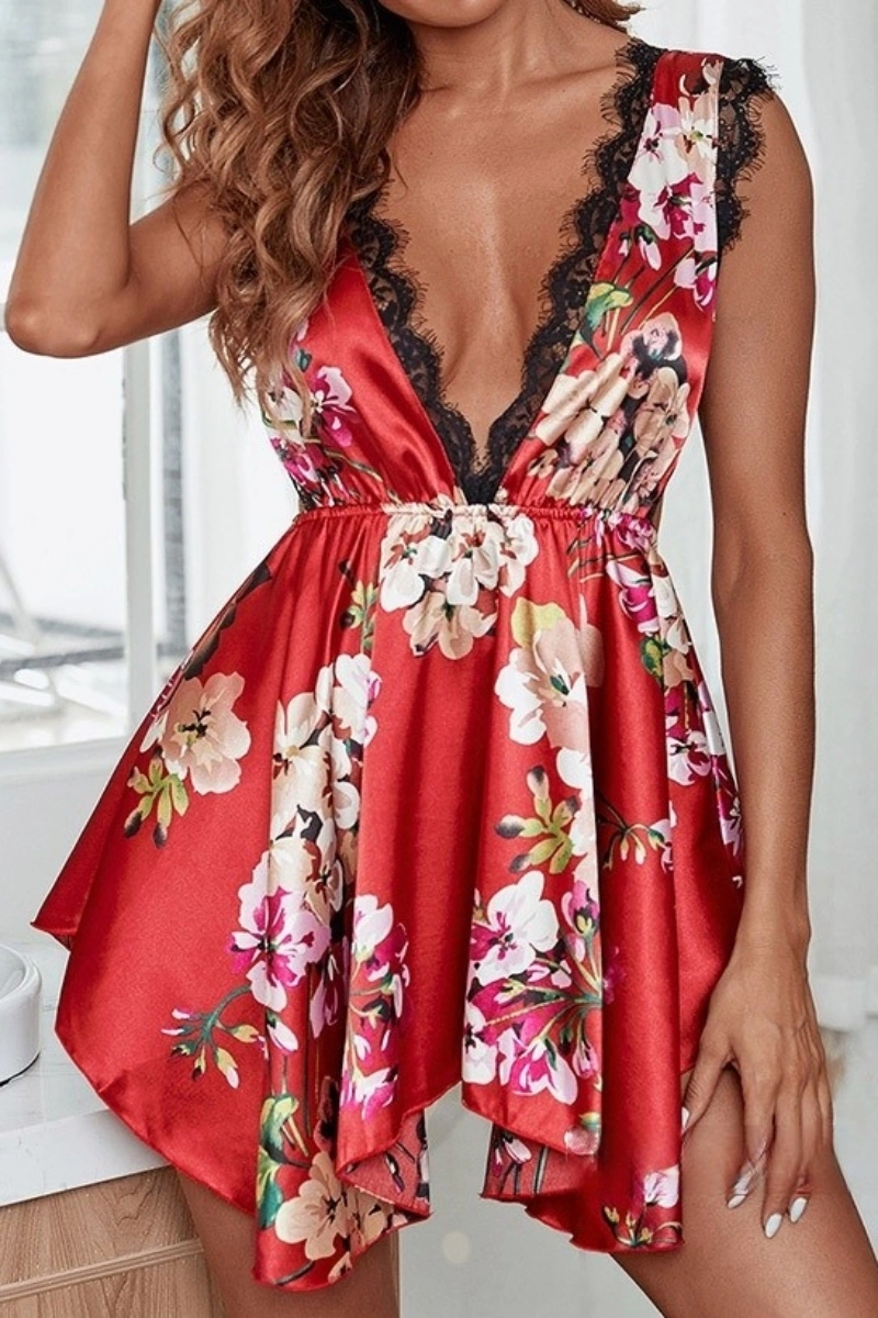 Red silk satin lace pajama set with floral patterns and lace-trimmed neckline