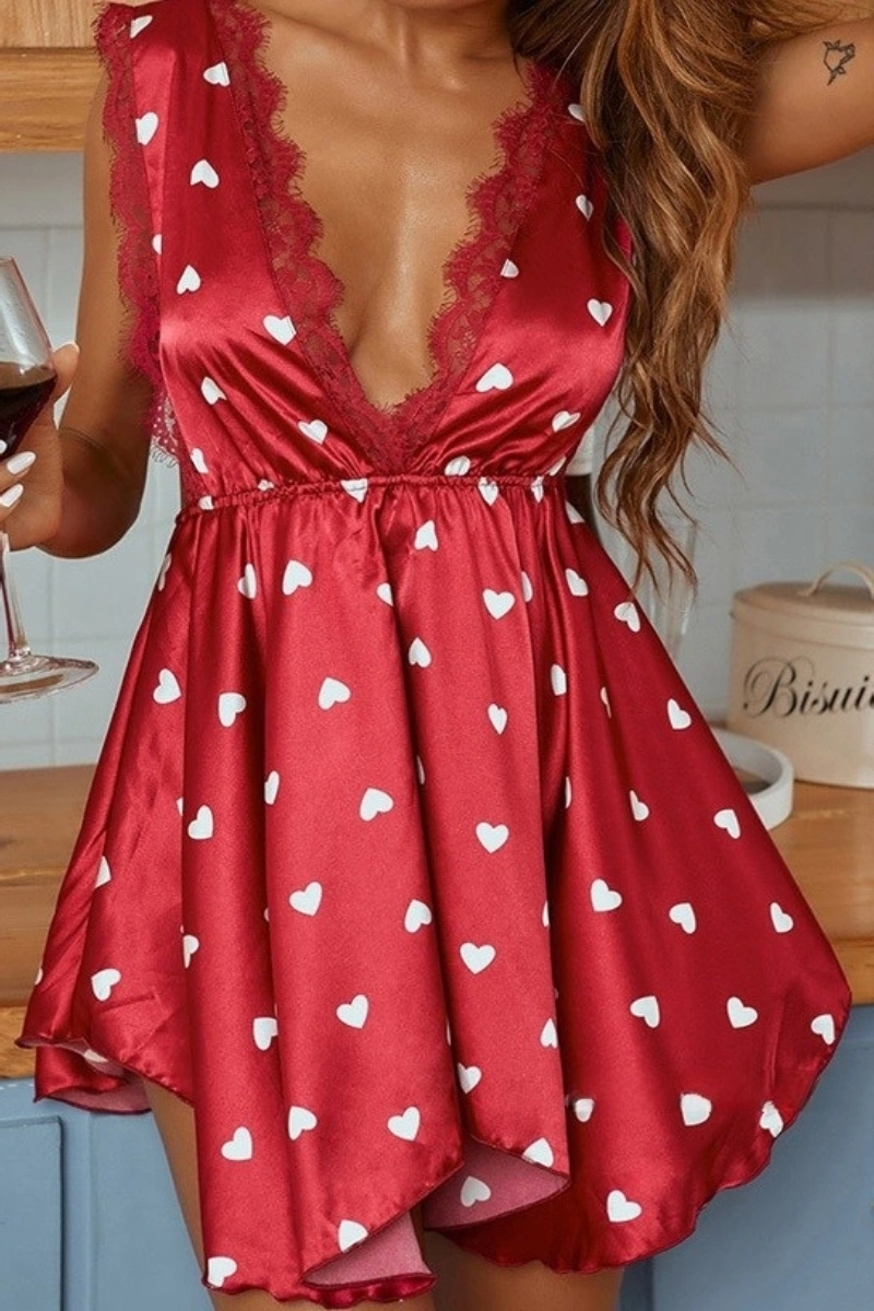 Sexy red silk satin lace pajama set featuring heart prints and lace V-neckline