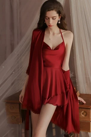 Red oem Long Sexy Nightgown featuring layered satin skirt and matching robe
