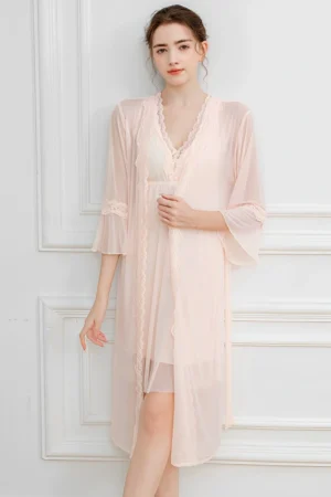 Alt text：Light pink b2b Sexy Satin Nightgown with lace edges and sheer long robe