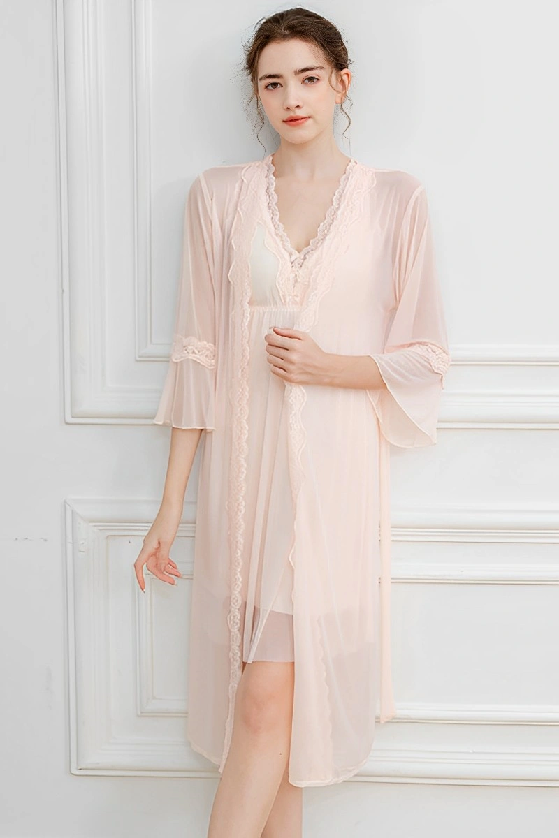 Alt text:Light pink b2b Sexy Satin Nightgown with lace edges and sheer long robe