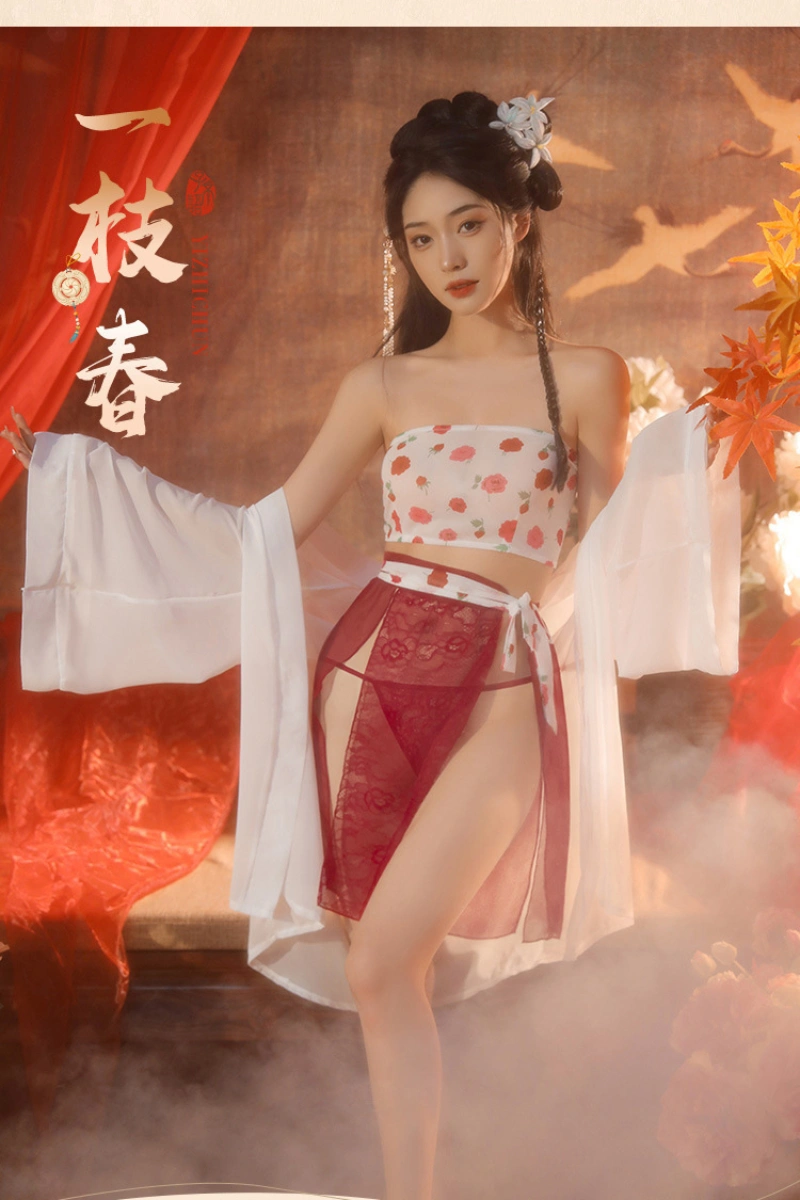 Alt Text: Romantic oriental costume for roleplay with white robe and floral print top
