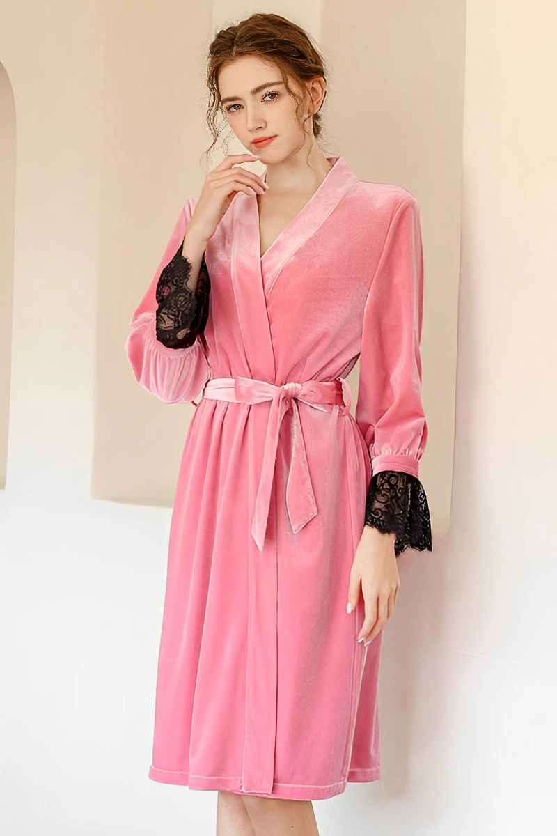 Alt Text：Pink custom Sexy Satin Nightgown with waist belt and lace cuffs