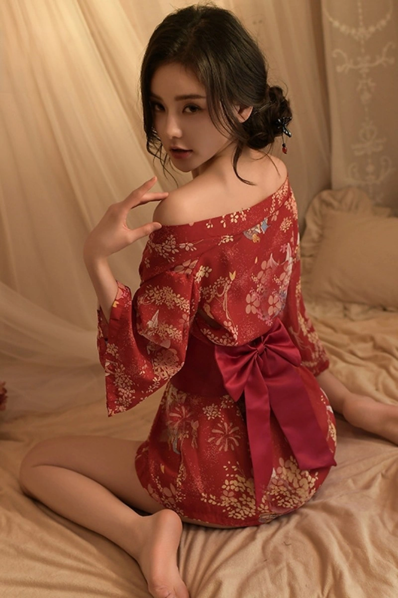 Back view of red sexy kimono lingerie with large satin bow
