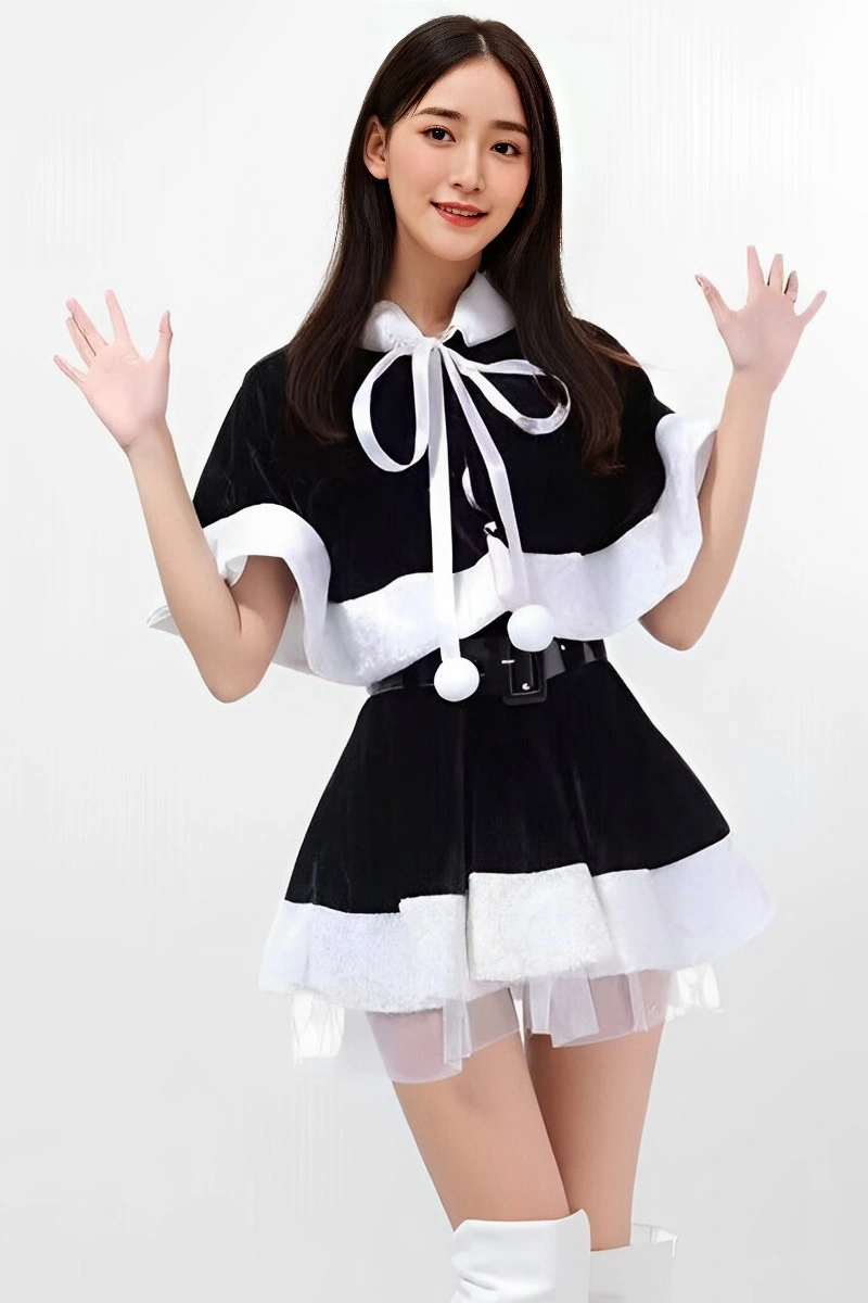 Alt Text: santa lingerie outfit black and white velvet dress with white fur trim and cape