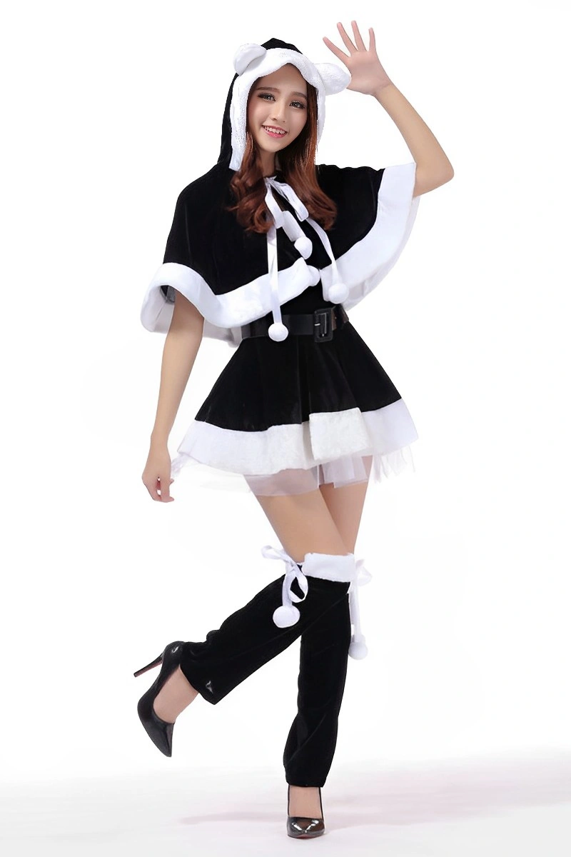Alt Text: santa lingerie outfit black and white velvet dress with hood and pom-pom leg warmers