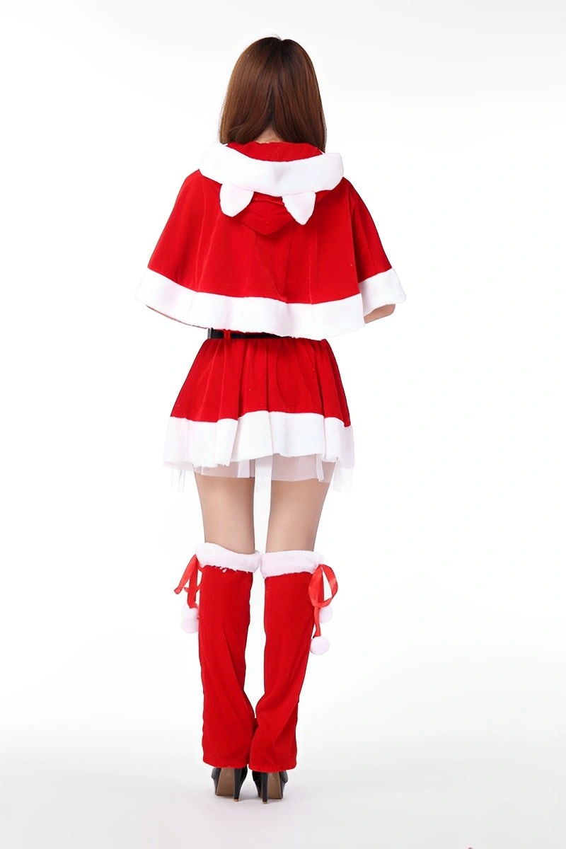 Alt Text: santa lingerie outfit red velvet dress with cape and pom-pom leg warmers back view