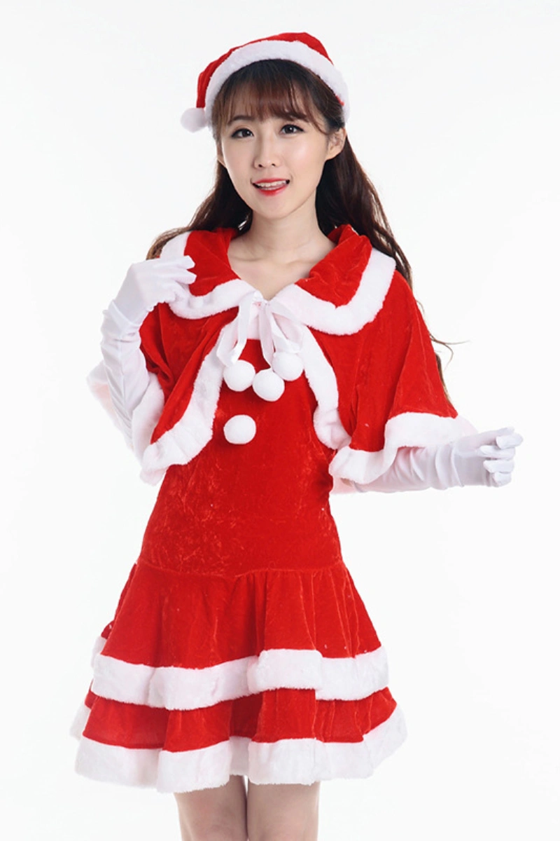 Alt Text:Santa romper for women in red with white cape and pom-poms