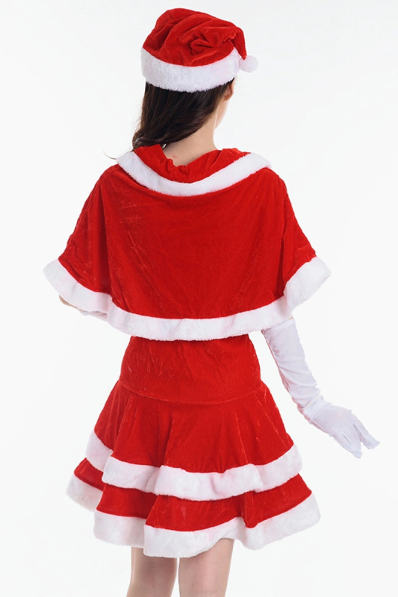 Alt Text:Santa romper for women in red velvet with white trim and gloves