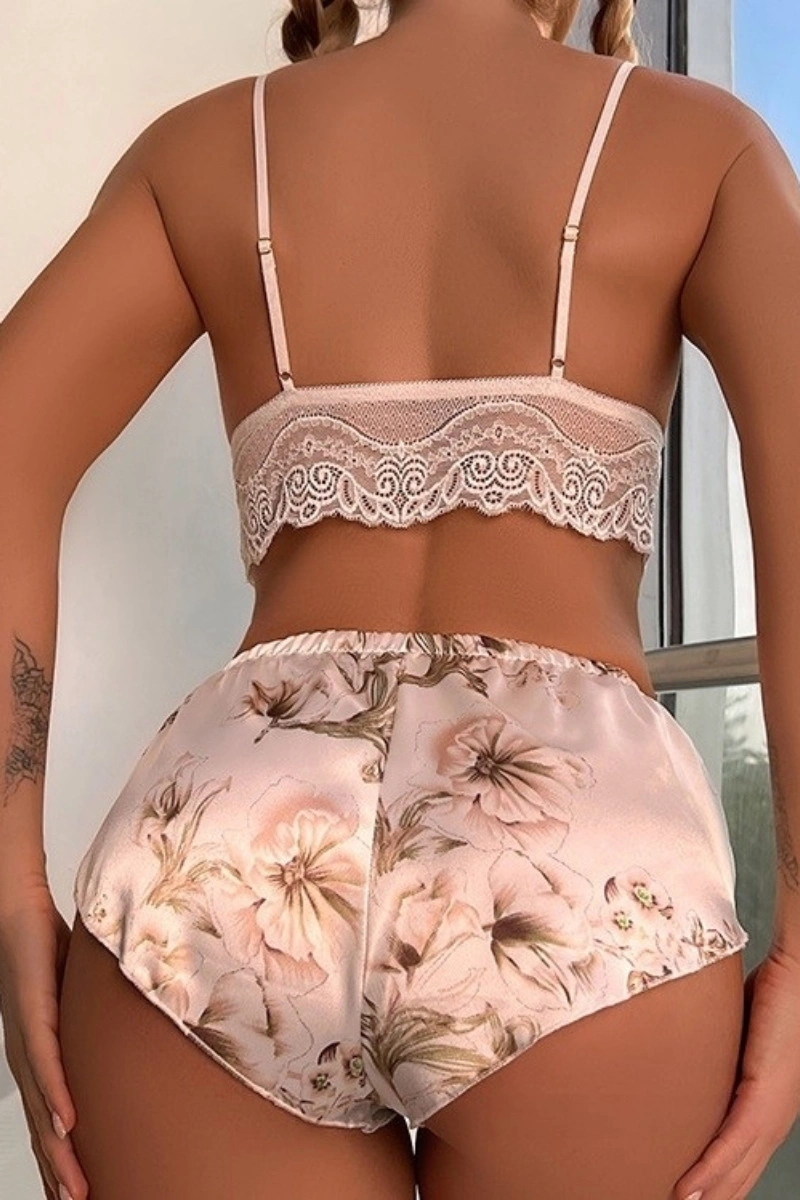 Back view of satin lace pajamas with delicate pink lace bralette and floral satin shorts, perfect for wholesale lingerie.