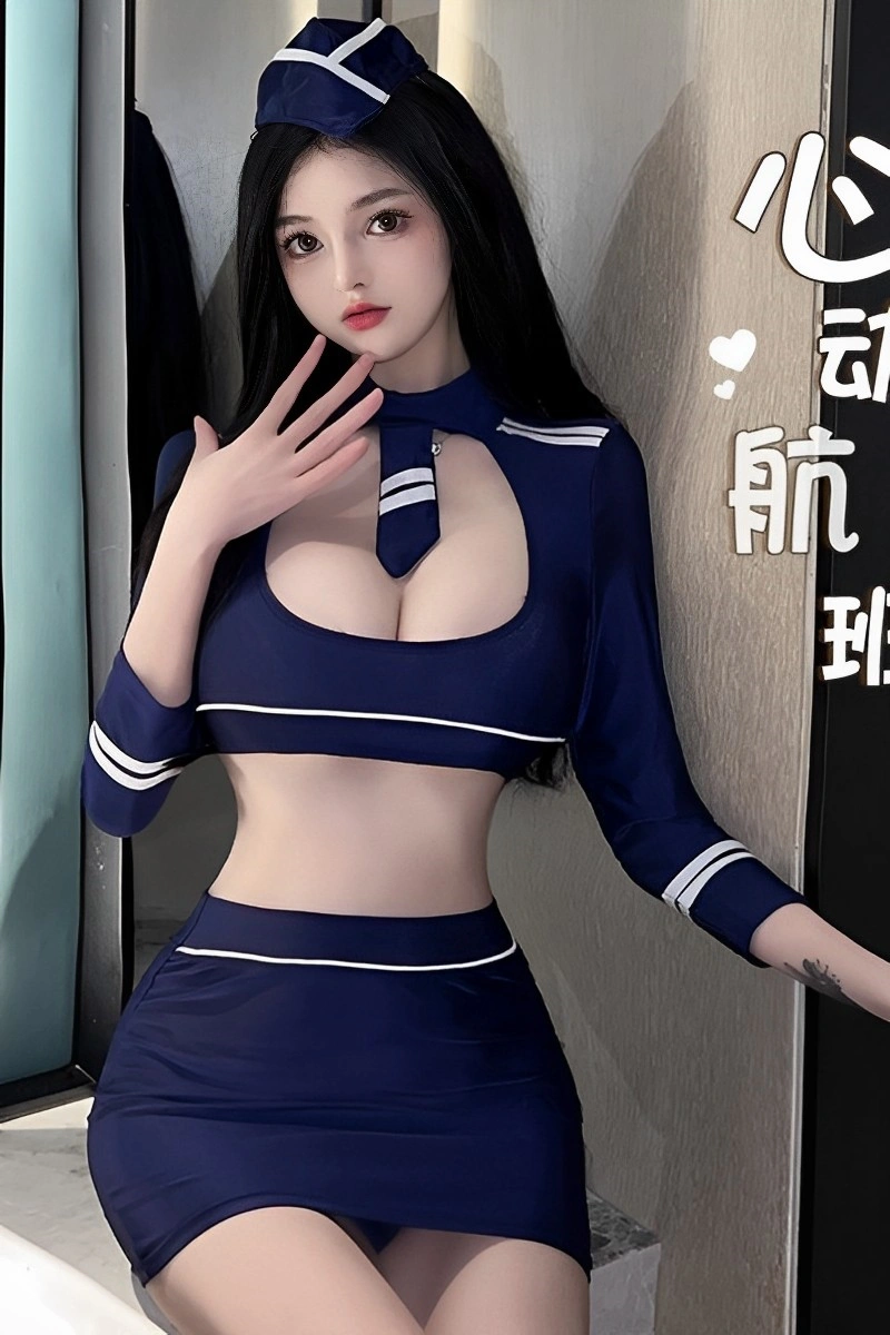 Navy Airline Attendant Mini Dress featuring long sleeves, keyhole neckline, and stylish stripes.