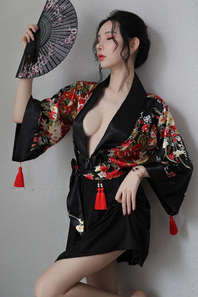 Alt Text: Sexy black kimono robe lingerie with deep neckline and red tassel accents