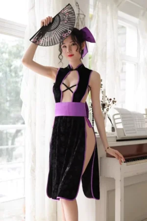 Model wearing black and purple cheongsam lingerie outfit with bold cutout and high side slits.