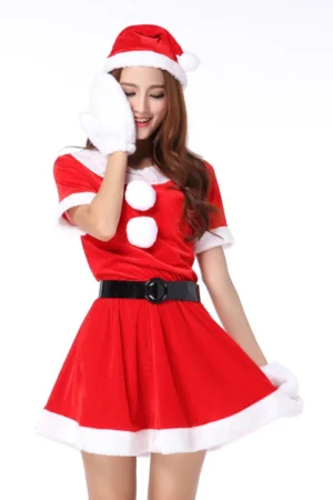 Alt Text： sexy christmas lingerie red Santa dress with white fur gloves and black belt