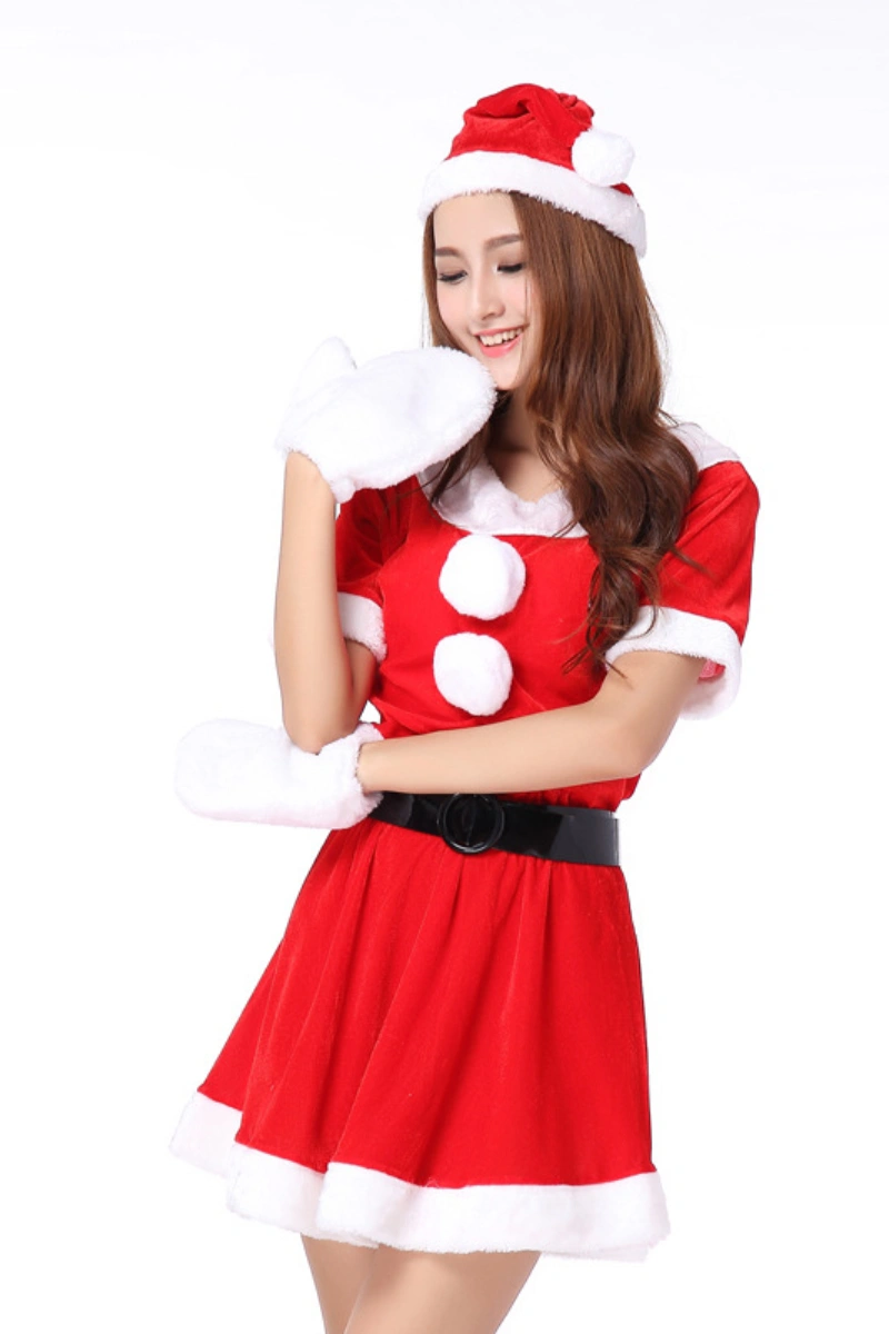Alt Text: sexy christmas lingerie red Santa dress with pom-pom buttons and black belt