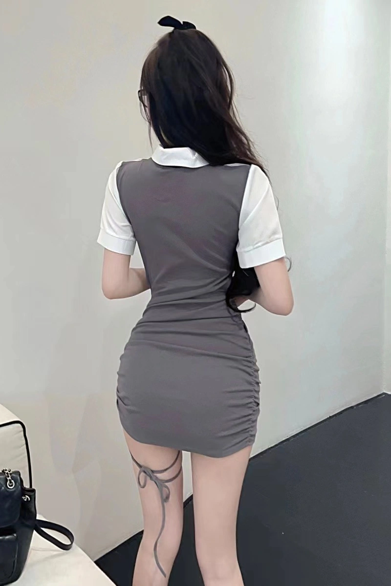Back view of a Sexy Cop Bodysuit in gray with short sleeves and ruched skirt details.