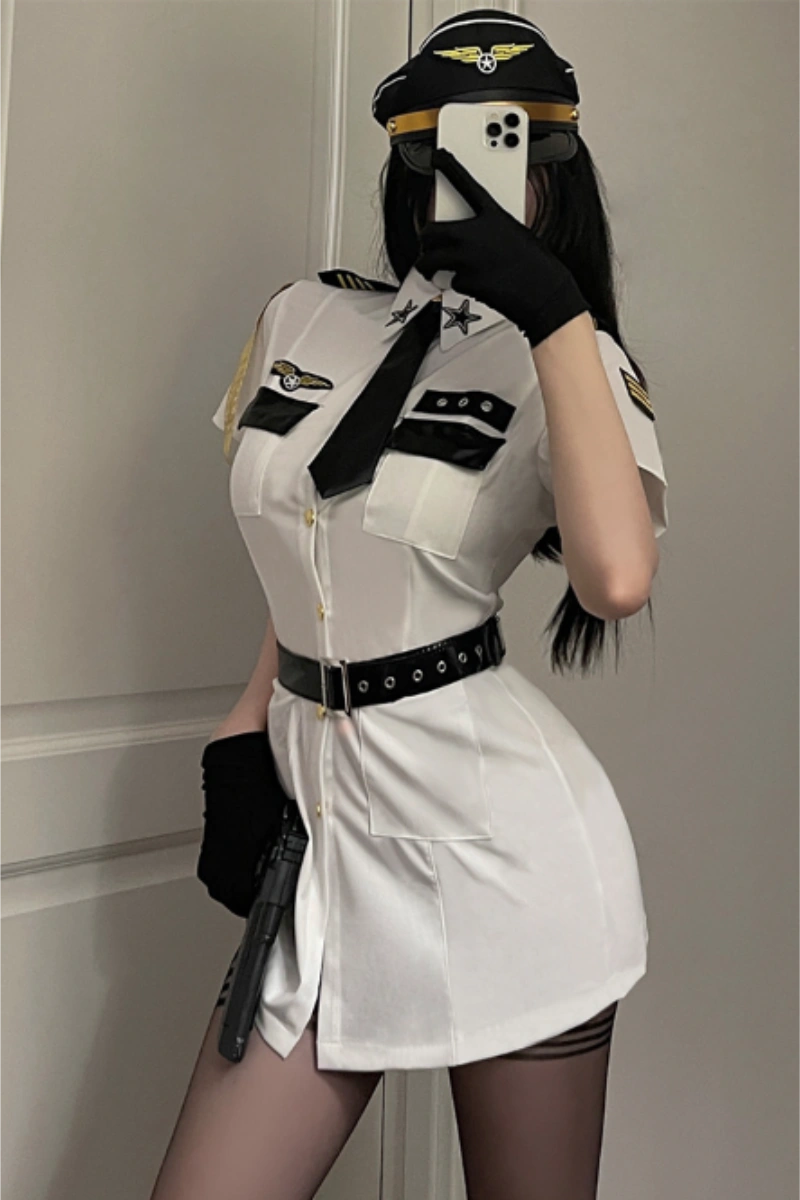 Model in Sexy Flight Uniform Dress featuring short hemline, belted waist, and aviation hat.