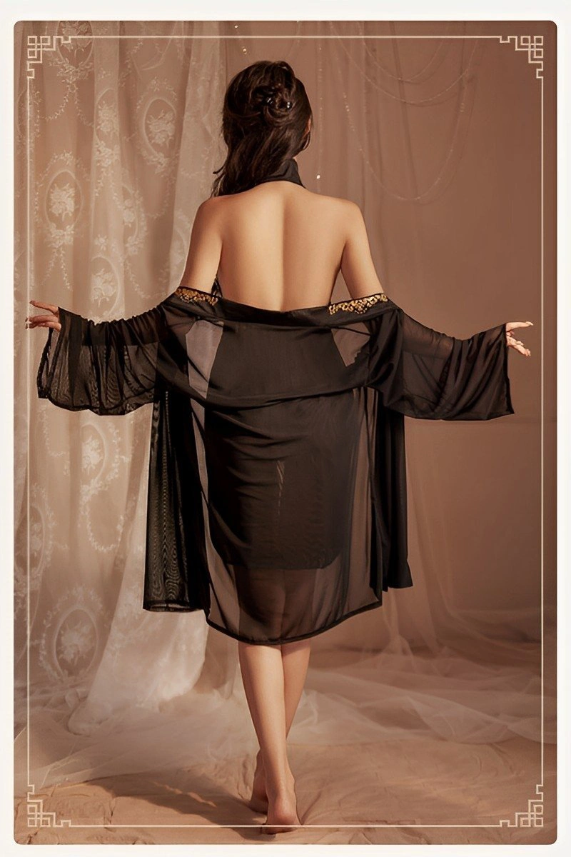 Alt Text: Back view of sexy historical cosplay outfit in black sheer fabric with gold details