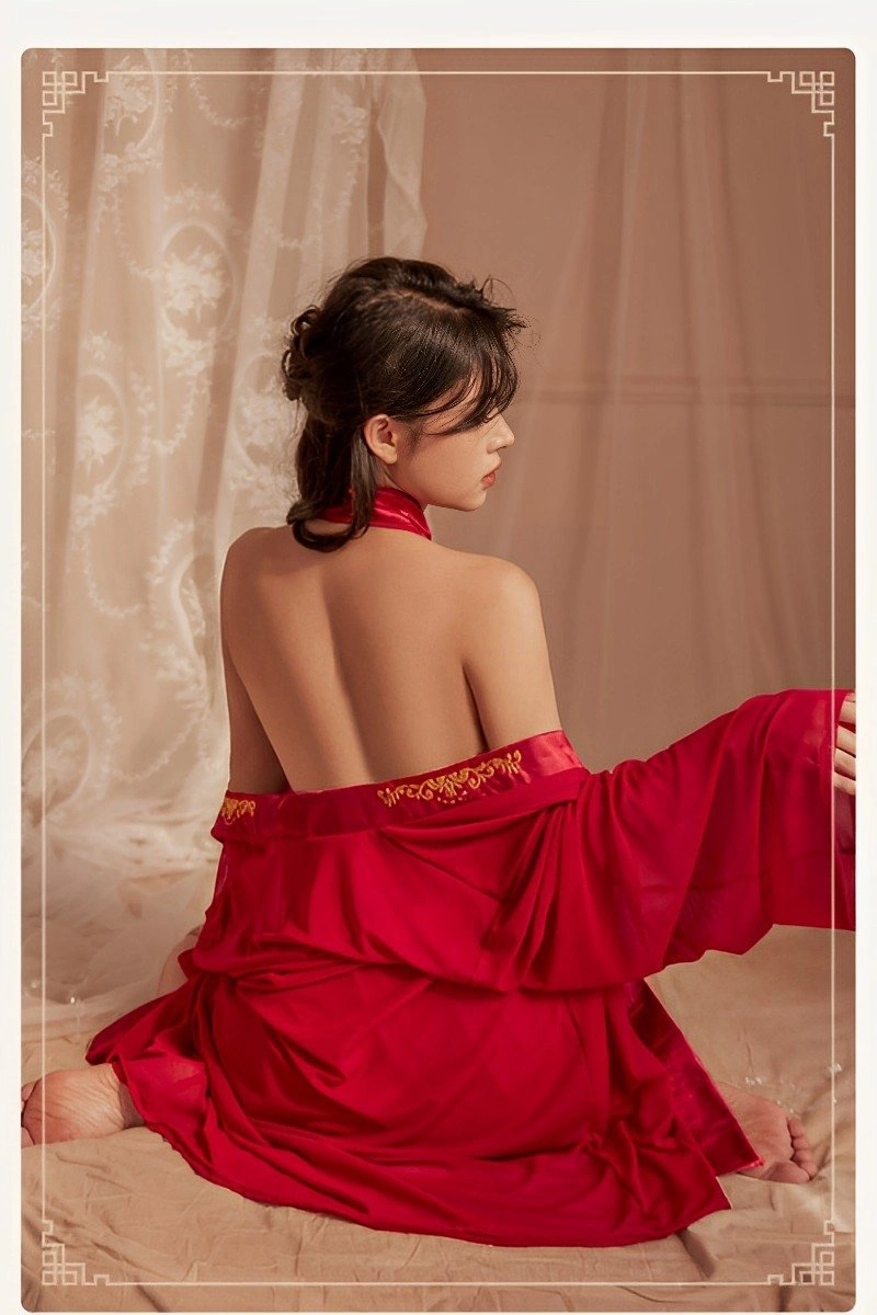Alt Text: Back view of sexy historical cosplay outfit in red satin with gold embroidery