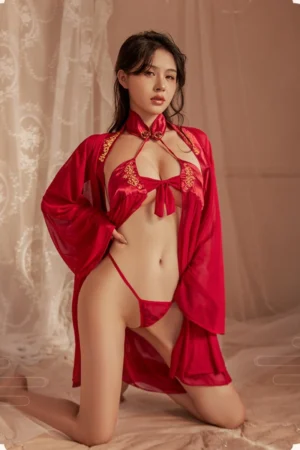 Alt Text： Model wearing sexy historical cosplay outfit in red sheer fabric with gold embroidered details