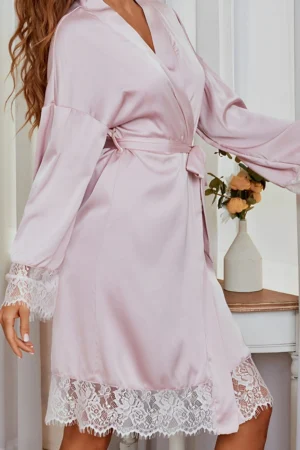 Sexy Lace Nightgown wholesale in silky pink with white lace cuffs and waist tie