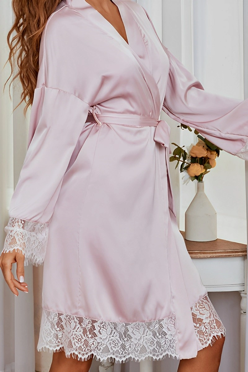 Sexy Lace Nightgown wholesale in silky pink with white lace cuffs and waist tie